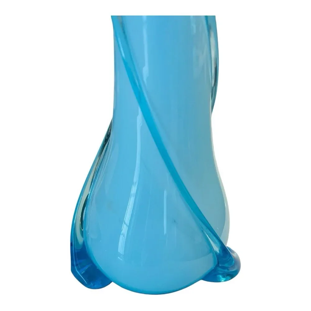 Vintage Empoli Italian 20” Blue Opaline Swung Art Glass Vase Spiral Trail MCM